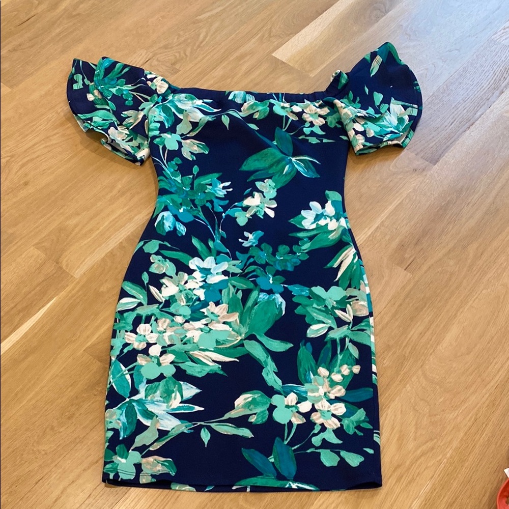 VENUS Blue and Green Off-Shoulder Mini Dress